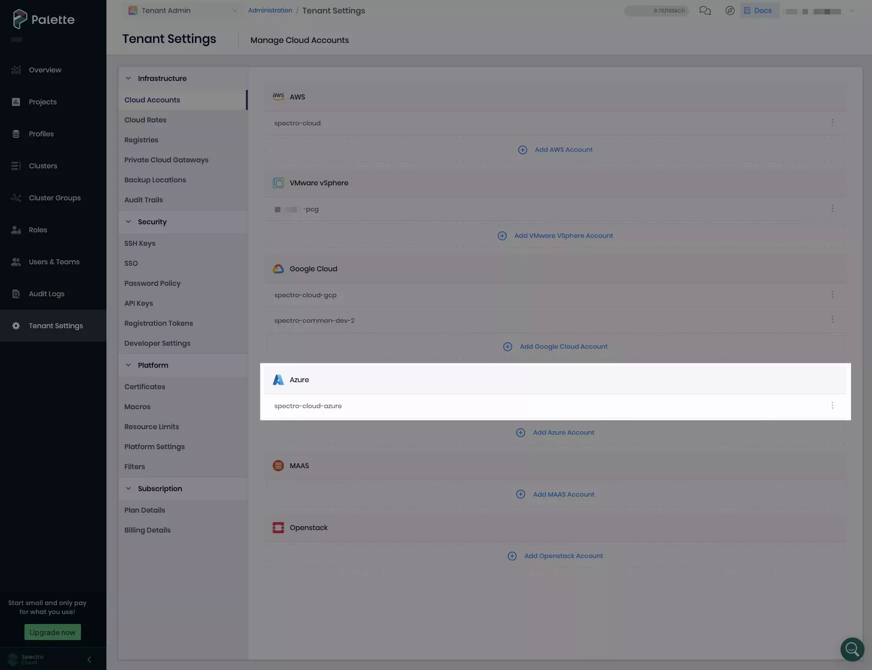 Azure account name in Palette