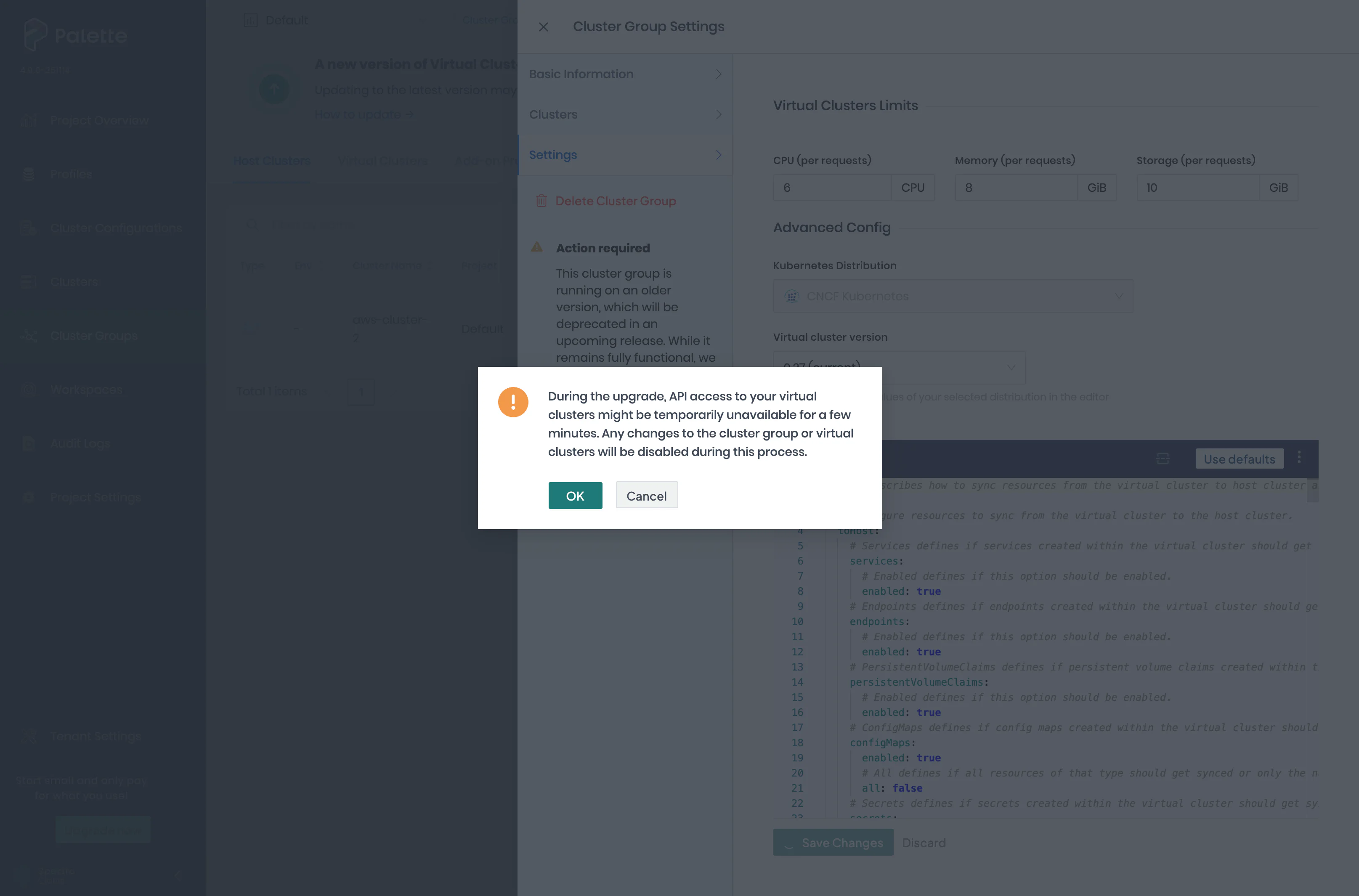 Cluster group vCluster caution popup