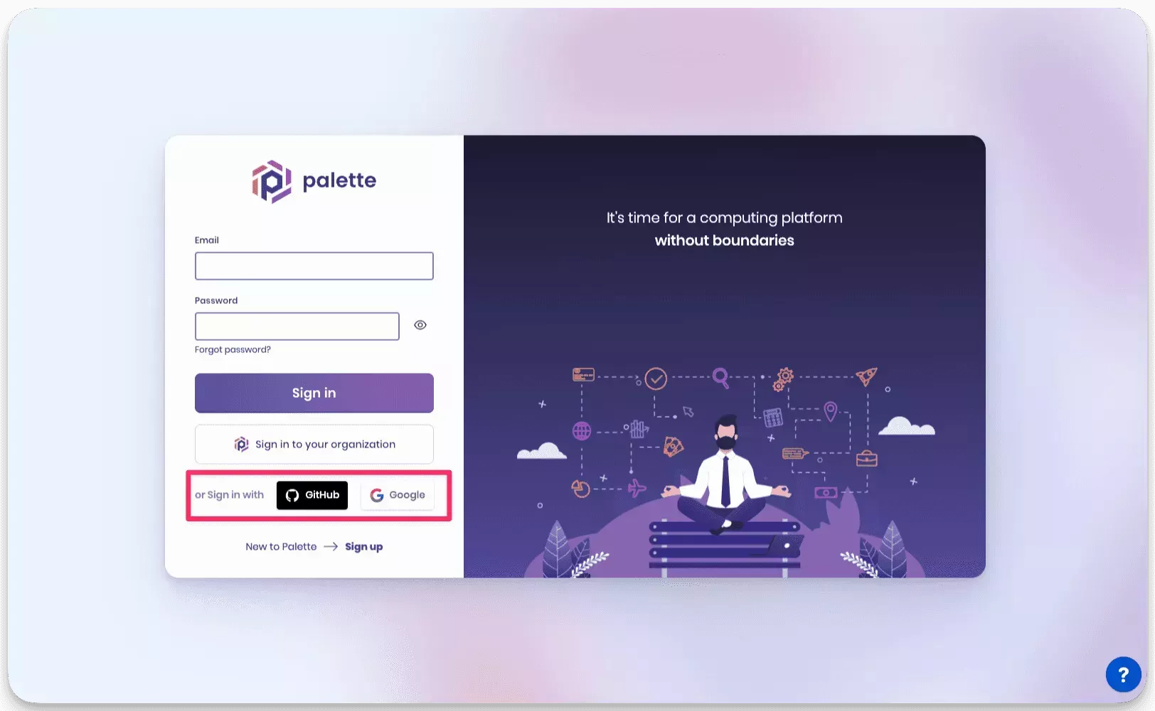 Palette's login view with the SSO providers highlighted.