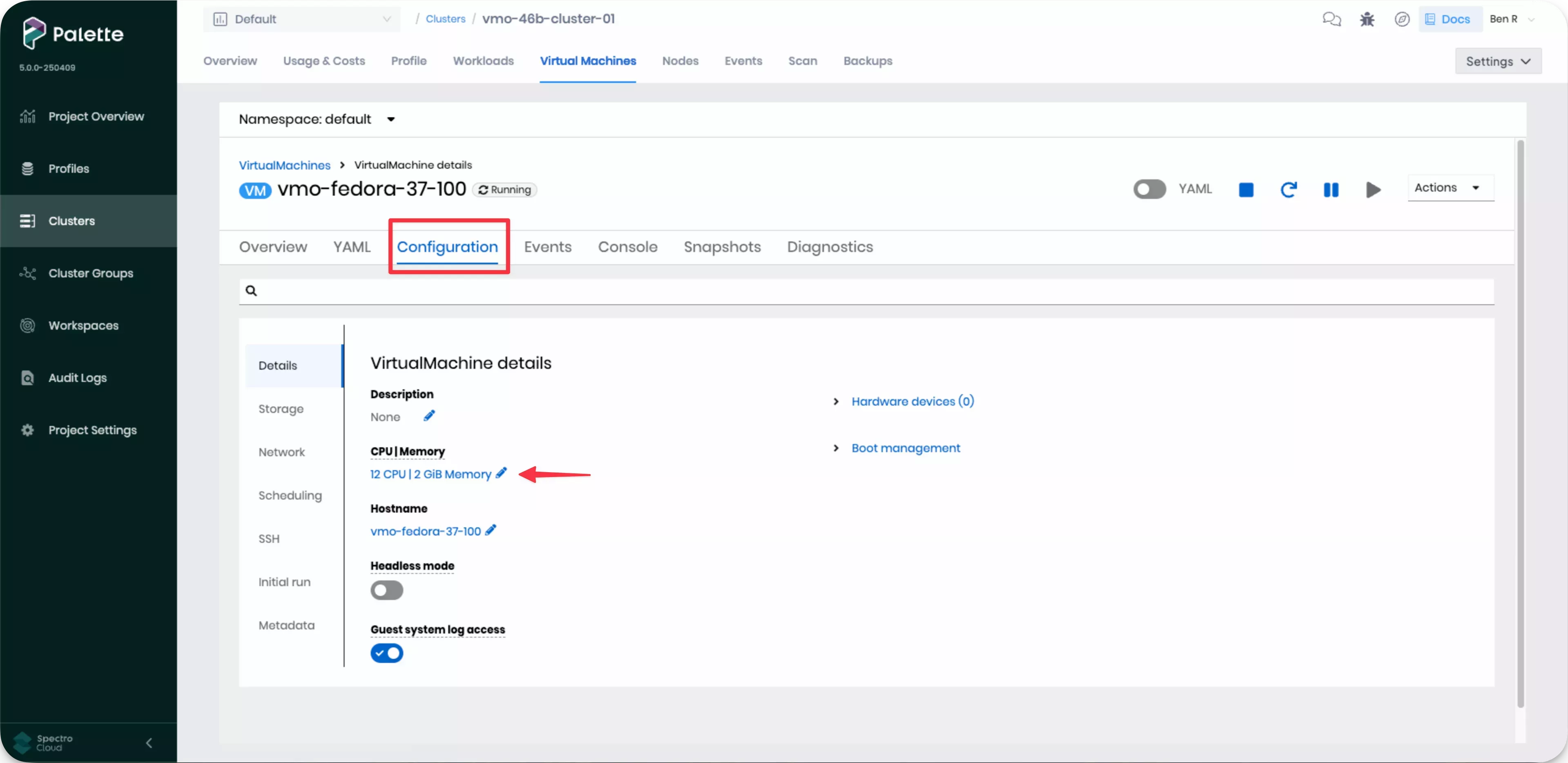 Palette with a Virtual Machine Configuration tab displayed.